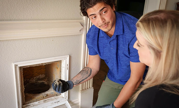 Technician showing dirty air duct to homeowner.