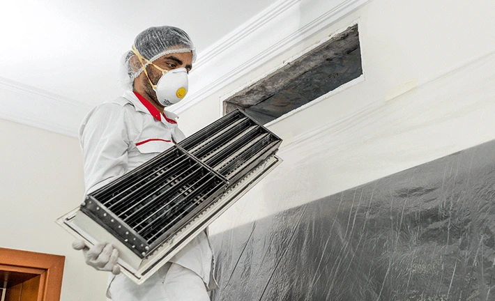 Technician performing air duct deep cleaning, wearing protective gear and holding vent cover.