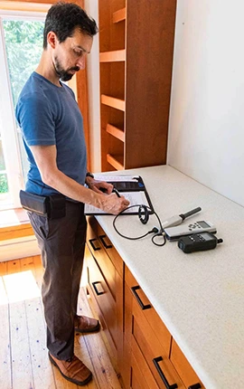 Inspector taking notes during a home inspection, with moisture meters on the counter.