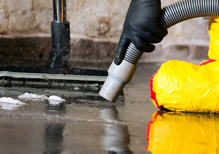 Gloved hand using a wet vacuum to remove water from a floor.