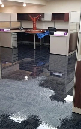 Office flooded with water, showing potential for damage control after a leak.