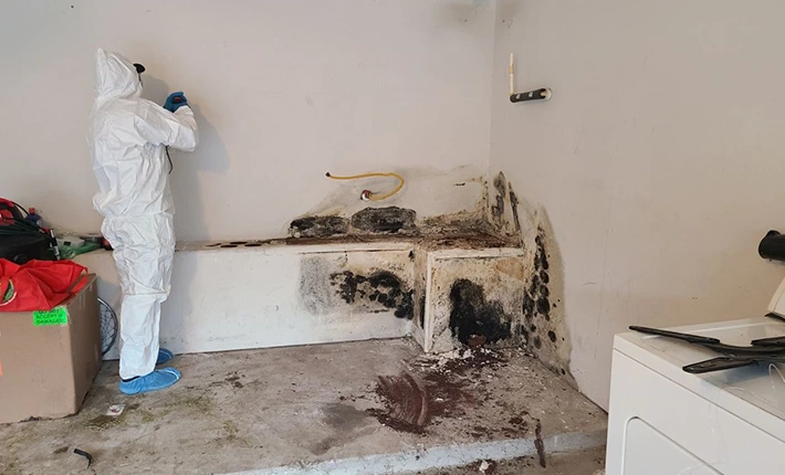 Mold remediation specialist inspecting extensive black mold growth on walls and cabinets.