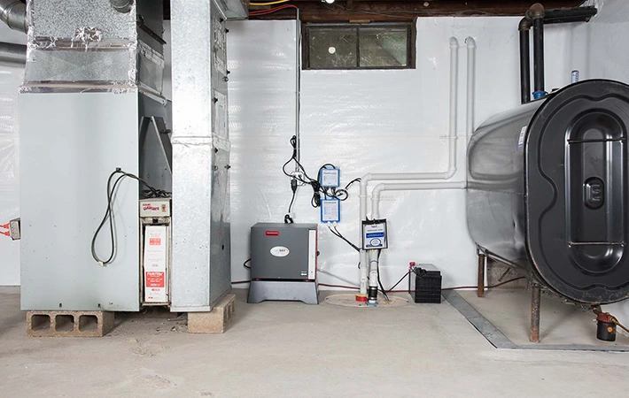 Basement with dehumidifier, furnace, and oil tank.