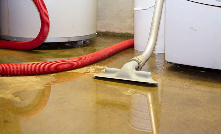 flooded basement floor with water heater and vacuum.