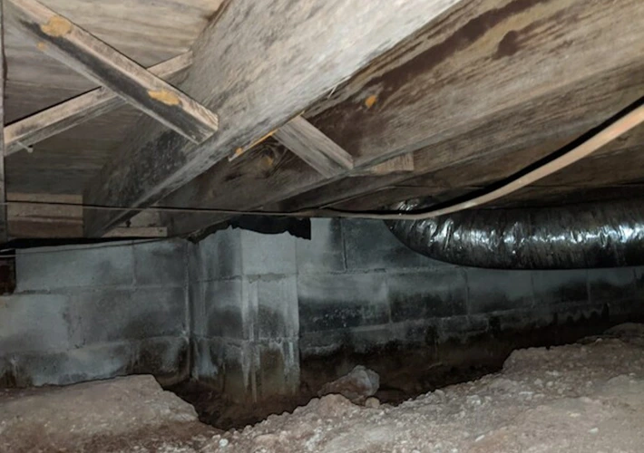 Applying concrete foundation repair with trowel and gloved hand, close-up.