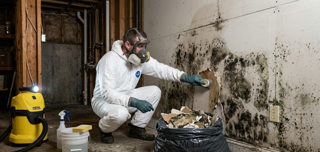 Mold remediation specialist cleaning mold from basement wall.
