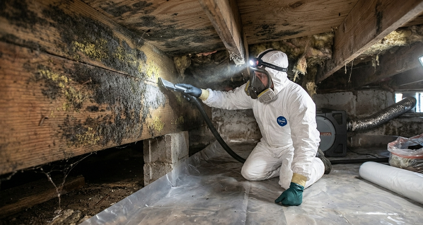 Mold remediation specialist removing mold in crawl space. Safety suit, respirator.